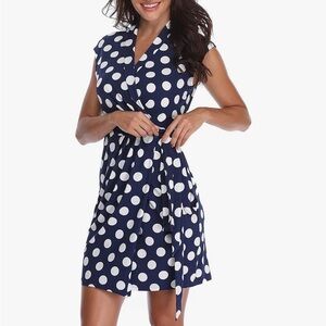 Navy and white polka dot wrap dress